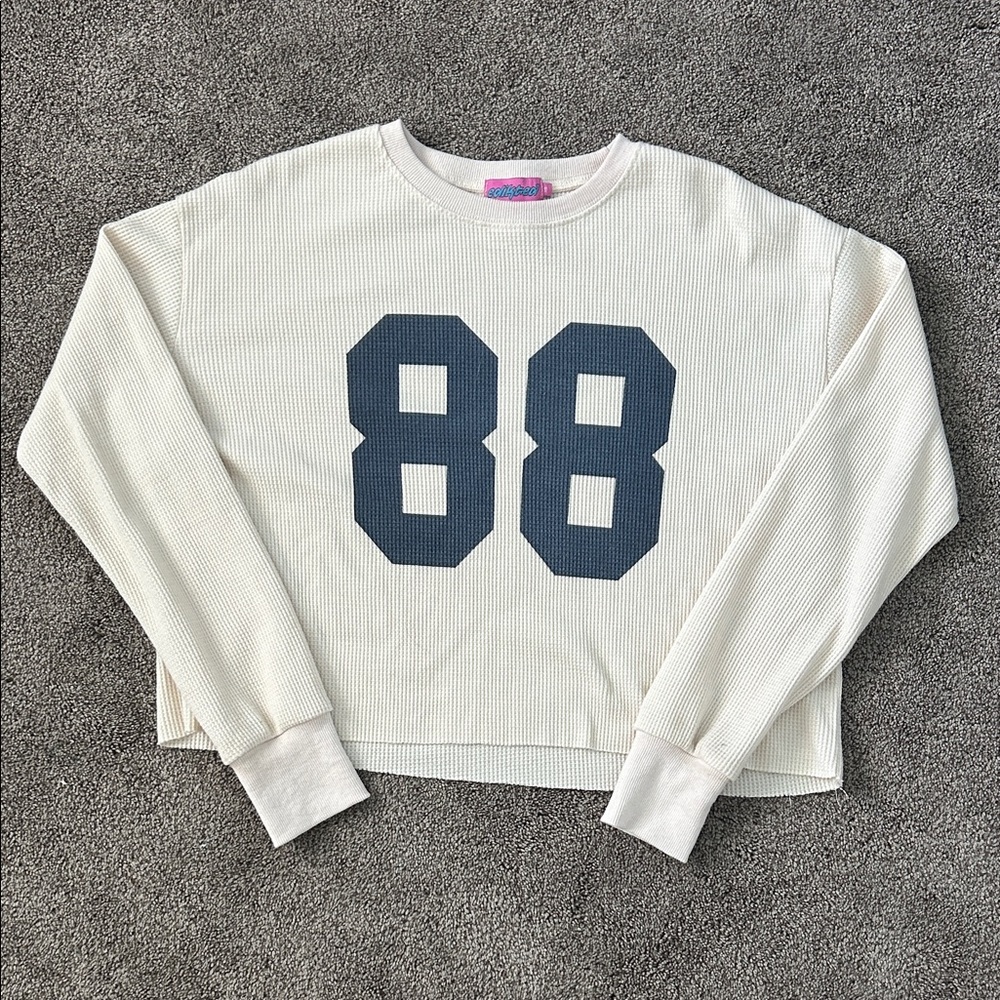 Edikted Cream Waffle Knit Crewneck Sweater with Navy '88 Graphic